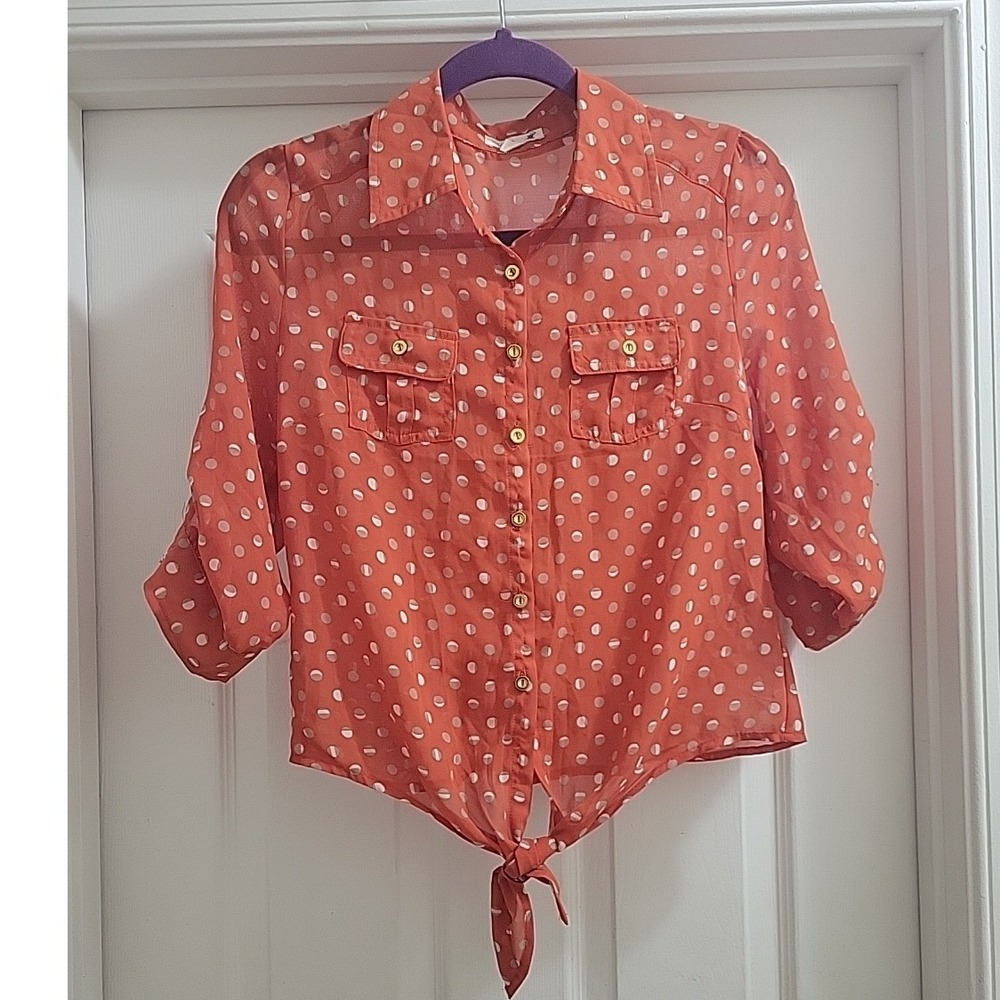 Mine Polka Dot Tie Front Blouse Orange Sheer Roll Tab Sleeve Top Medium